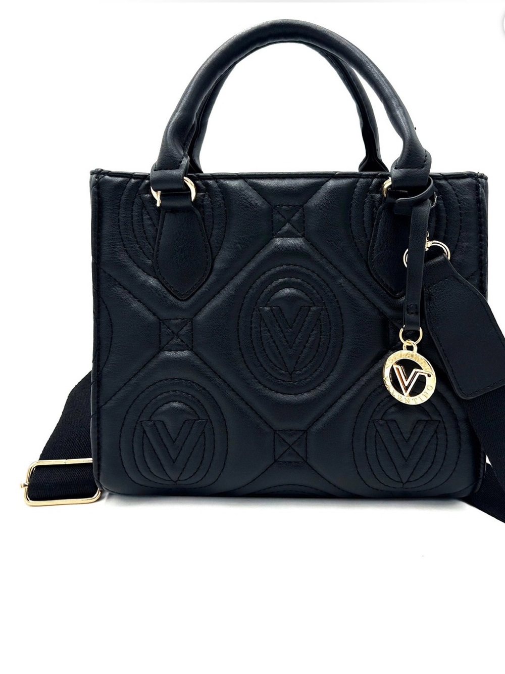 Valentino Orlandi Black Quilted Small Tote with Gold Charm- NWT